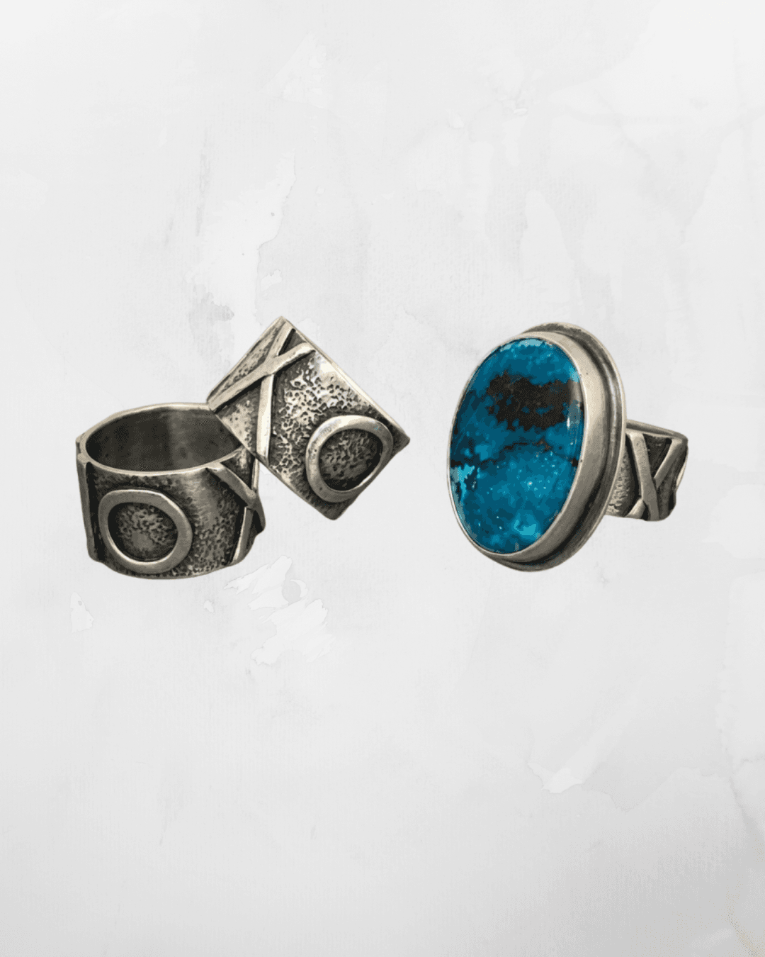 Conjunto Anéis Prata Geométricos & Turquesa